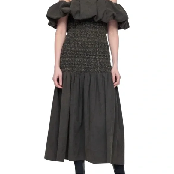 NWT Sea New York Juni Garment Dye Brown Smocked Bodice Off Shoulder Midi Dress - Picture 14 of 15